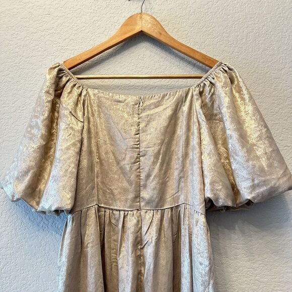 NWT Celadon Puff Sleeve Baby Doll Dress Metallic Gold Women Off Shoulder Size L - Picture 8 of 13